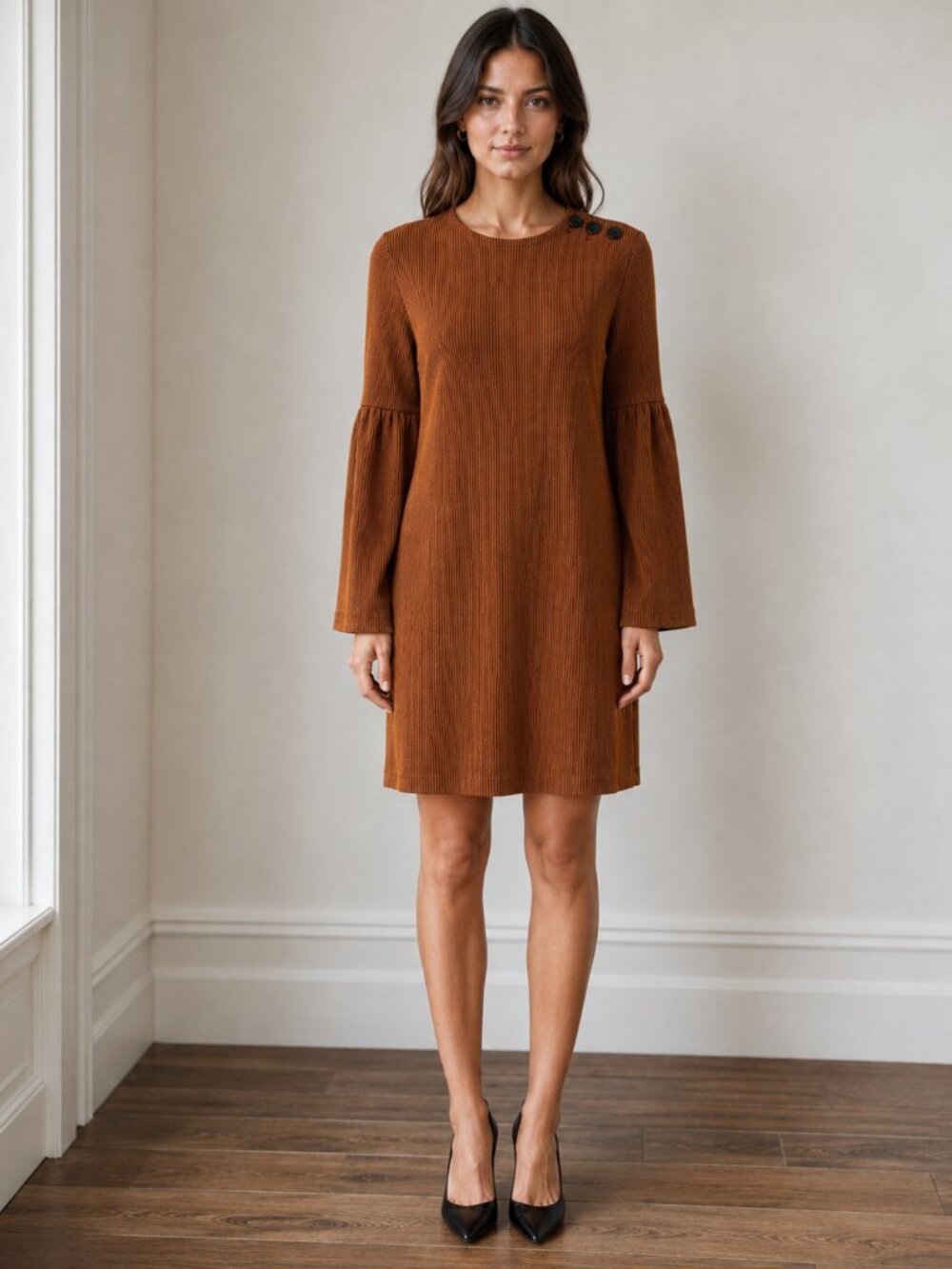 Women's Tibi Brown Textured Bell Sleeve Midi Shift Dress Size Medium